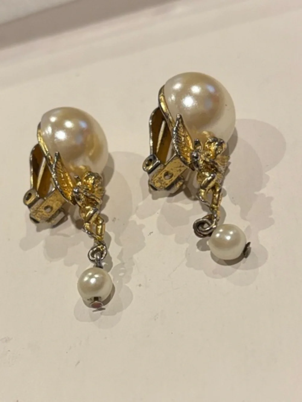 Pearl and Gold Cherub Drop Earrings